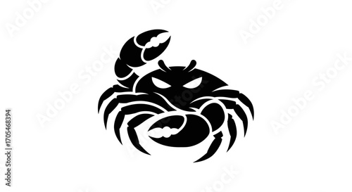 Aggressive black crab silhouette with angry eyes vector logo.