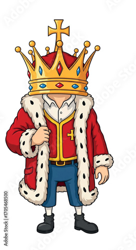 Cartoon King Wearing a Crown and Royal Robes.