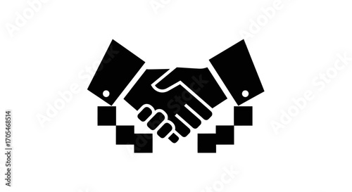Two hands shaking in a pixelated style symbolizing digital agreement.