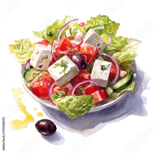 watercolor of Greek Salad, vector, isolated on a white background.