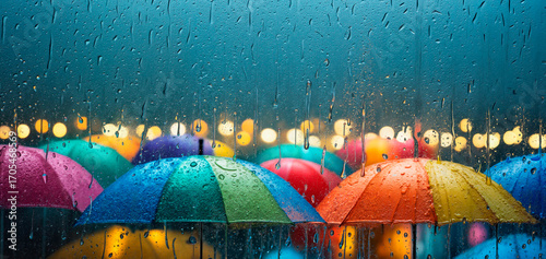 Multicolored umbrellas in pouring rain on turquoise blue background, view through glass with dripping water drops. Evening scene with city lights, bright illustration with space for text.