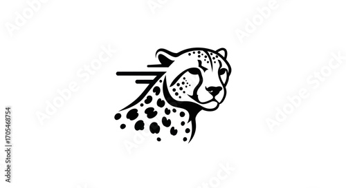 Minimalist black and white cheetah head logo with speed lines.