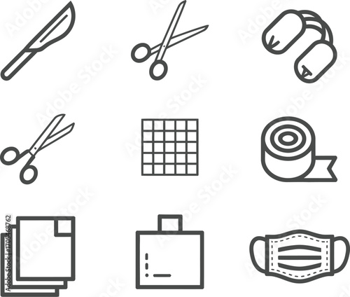 Collection of medical and office supplies line art icons
