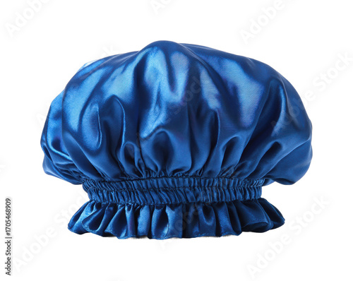 Stylish blue satin shower cap for hair protection at home fashionable accessory isolated on transparent background, png