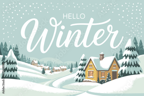 Winter Landscape Featuring a Cozy Village and Church Surrounded by Snowy Woods. Scenic Seasonal Illustration Perfect for Holiday Cards, Posters, and Winter-Themed Design Projects.