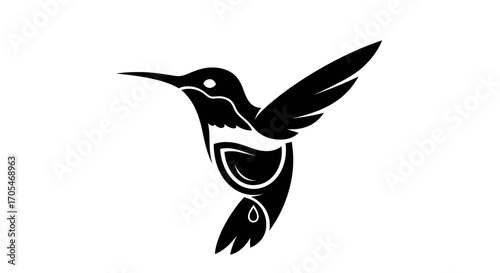 Stylized Black Hummingbird Silhouette with Abstract Details.