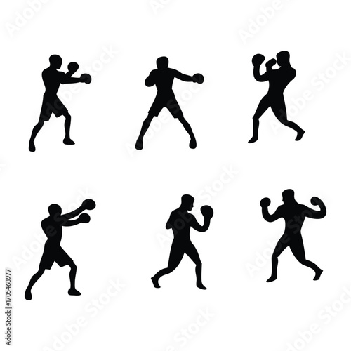 Silhouettes of Boxers in Various Fighting and Training Poses
