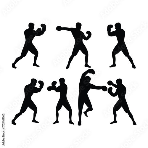 Silhouettes of Boxers in Various Fighting and Training Poses