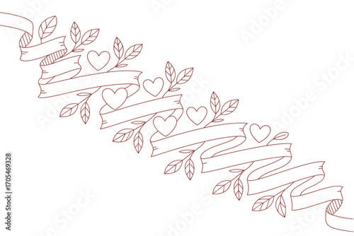 A decorative design featuring ribbons hearts and leaves in a linear arrangement on white background