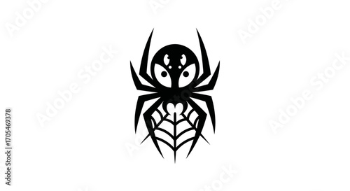 Black Spider with Web Minimalist Vector Illustration.