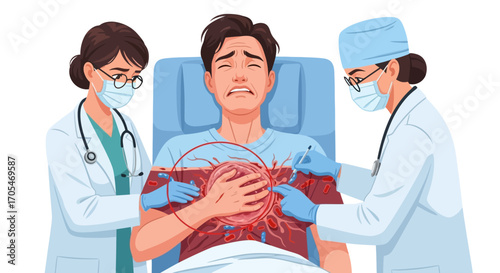 Doctors examining patient with heart disease, medical illustration of chest pain and care