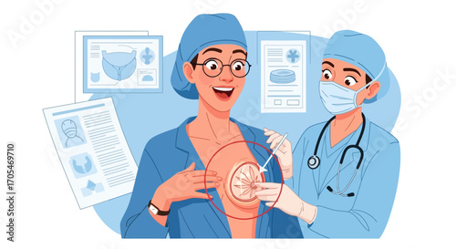 Smiling patient undergoing breast cancer screening with doctor in a modern medical setting