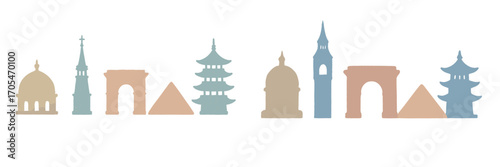 Textured silhouettes of famous world buildings and travel destinations in a soft pastel color palette