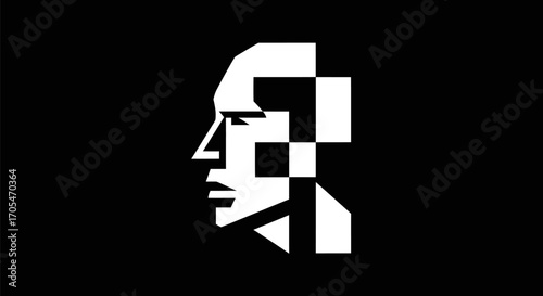Abstract geometric human face in profile black and white design.