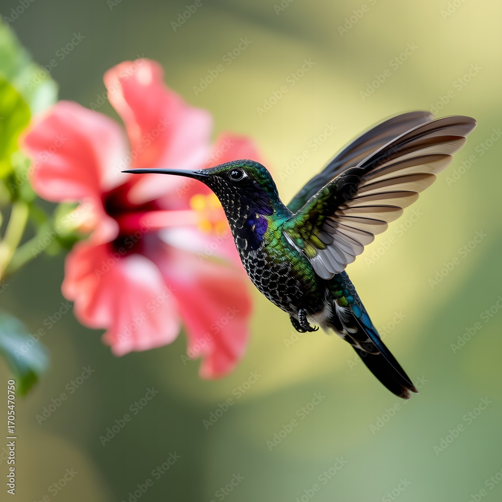 Fototapeta premium Vibrant Hummingbird Hovering Near Flower