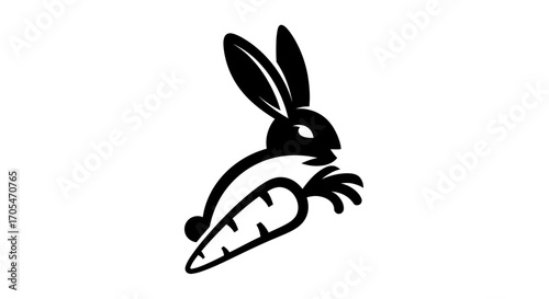Stylized black rabbit with a carrot simple graphic design.
