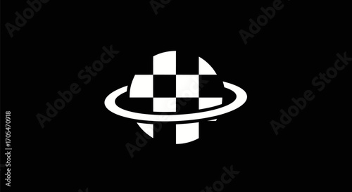 Stylized checkered globe with orbiting ring on black background.