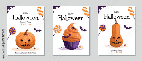 Halloween flyer set. Lollipops, bats, scary pumpkins, and a cupcake. Vector illustration for a poster, banner, invitation, sale, or flyer.