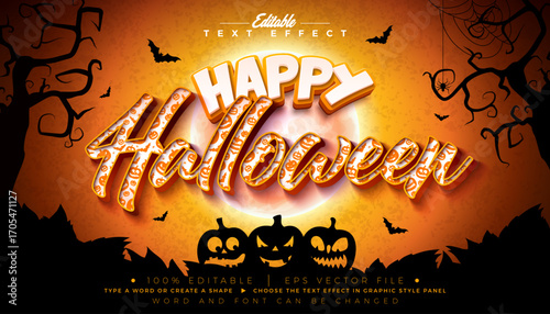 Happy Halloween Text Effect Illustration Editable Graphic Style with Pumpkin Pattern Typography Lettering on Scary Cemetery Halloween Background. Scalable Vector Autumn Holiday Design Template