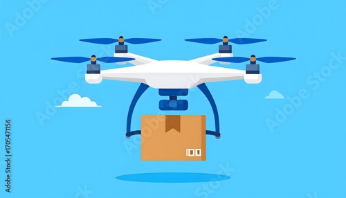 Drone delivering package. Quadcopter flying with a parcel for modern logistics, fast shipping, and automated delivery service.