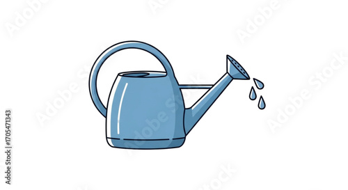 Blue watering can with water droplets.