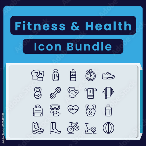 Fitness and Health Icon Bundle with Boxing Gloves Dumbbells Kettlebells Stopwatch and Sneakers vector