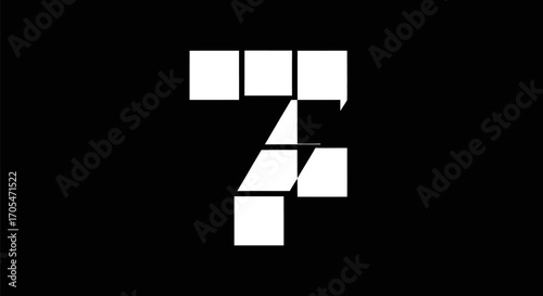 Abstract geometric number seven composed of white squares and triangles.