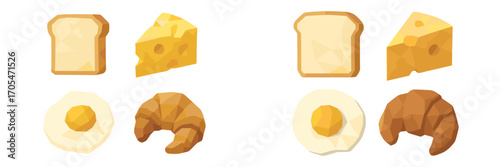 Geometric breakfast food items with toast, cheese, fried egg, and croissant in a modern polygonal style