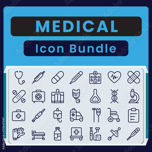 Medical icon bundle with stethoscope syringe pill capsule thermometer hospital heart pulse band aid first aid kit I V bag flask D N A microscope