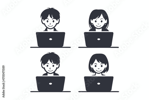 Animated students using laptop, smiling and engaged with their computer work