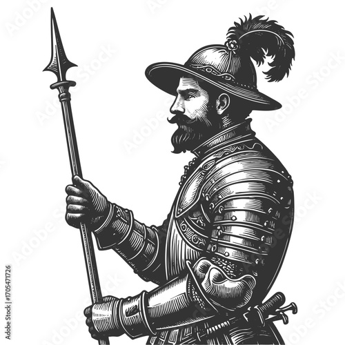 medieval soldier in ornate armor, wearing a feathered hat and holding a decorative spear with confidence sketch engraving generative ai vector illustration. Scratch board imitation. Black and white.