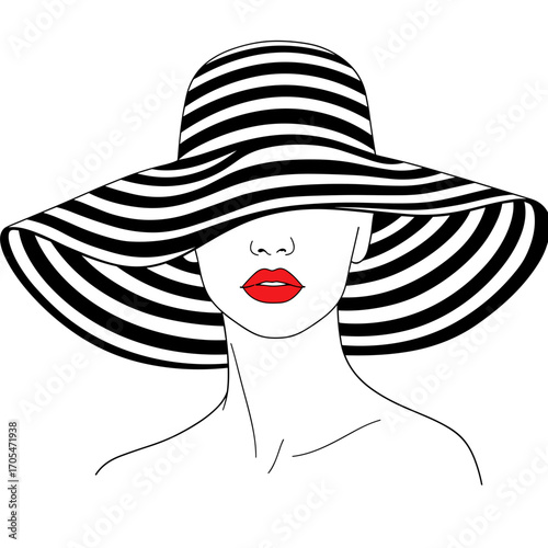 Woman's face hidden under wide striped hat with red lips  