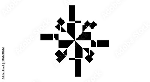 Abstract geometric pattern with black and white squares forming a complex design.