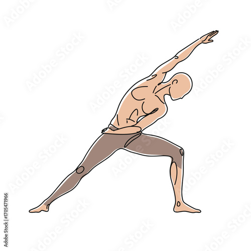 Man practicing yoga in warrior pose with extended arms  