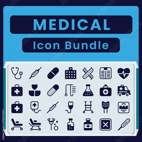 Medical icon bundle with stethoscope syringe pill hospital ambulance and heart monitor medical icons