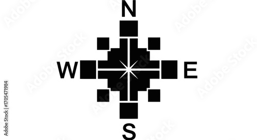 Compass rose with cardinal directions North South East West.