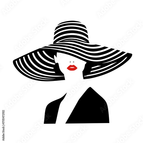 Elegant woman with a wide striped hat and red lips in silhouette  