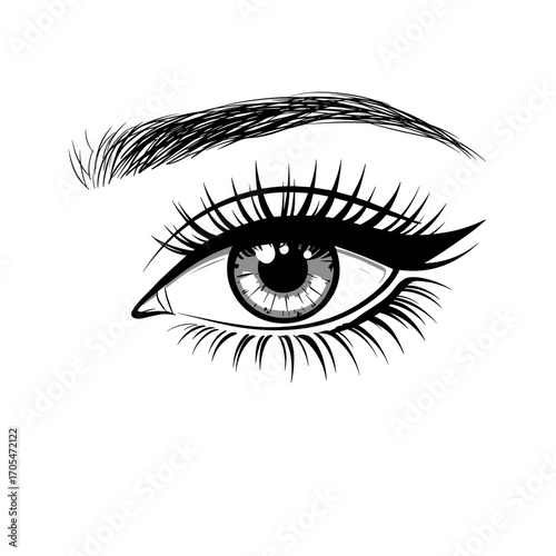 Detailed illustration of an eye with long eyelashes and strong eyeliner  