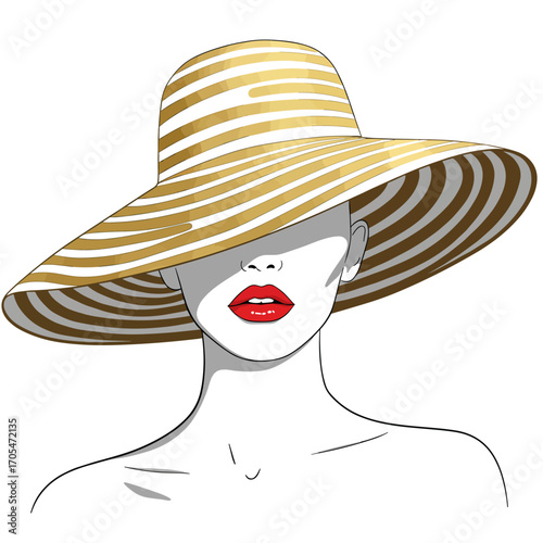 Woman's face obscured by wide striped hat with red lips  