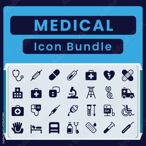 Medical icon bundle with stethoscope syringe pill thermometer first aid kit heart band aid hospital ambulance D N A microscope