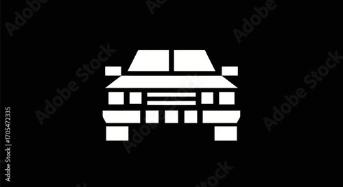 Front view of a white pixelated car icon on a black background.