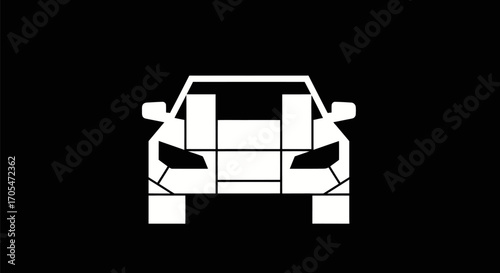 Front view of a white car silhouette on a black background.
