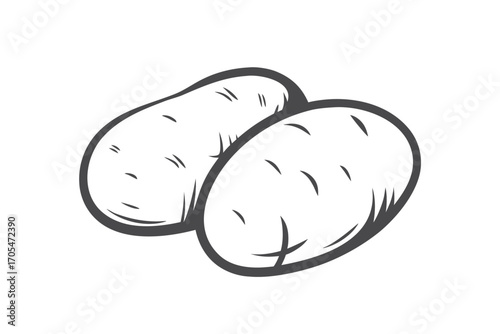 Artistic rendition displays monochrome potato with cut half and foliage details around it