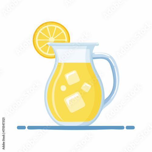 Refreshing Yellow Lemonade in Glass Pitcher with Ice and Lemon Slice