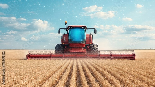A red agricultural tractor is working on a golden field under a bright blue sky, creating a cloud of dust, This image is ideal for farming, agriculture, or machinery-related projects,
