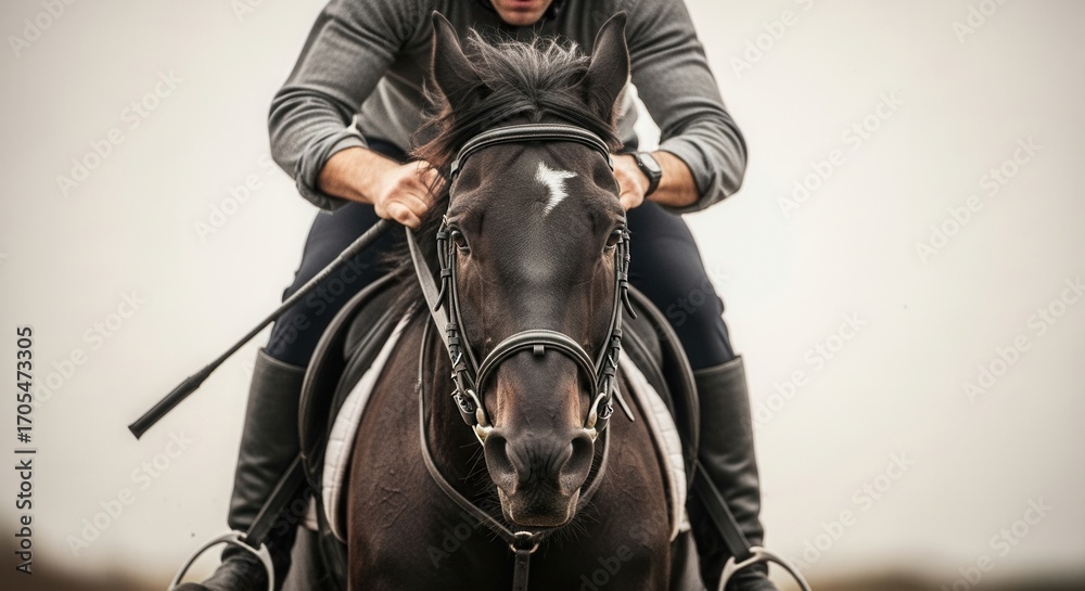 Fototapeta premium Man in grey shirt riding dark brown horse with bridle on head. Equestrian sport and horseback riding concept for outdoors activity.