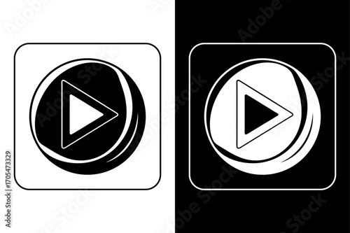Video Play Button Icon in Futuristic Glassmorphism on Black and White Background.