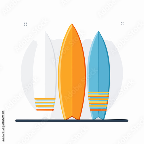 Three Surfboards White Orange And Blue With Stripes On A Rack