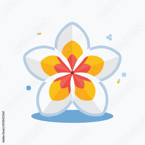 Five Petal Frangipani Flower with Yellow Center and Red Accents on Light Blue Ground