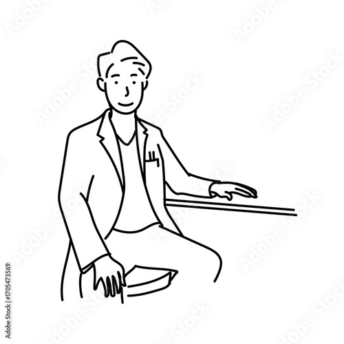 白衣を着た男性医師が椅子に座り、説明をしている姿を線画で表現したイラスト｜モノクロ表現によるシンプルな医療従事者のイメージで教育や資料に活用可能